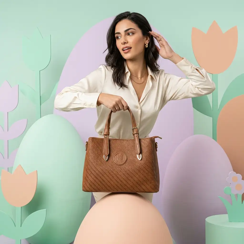 Καφέ γυναικεία τσάντα χειρός με υφή ψάθας και διπλά λουριά