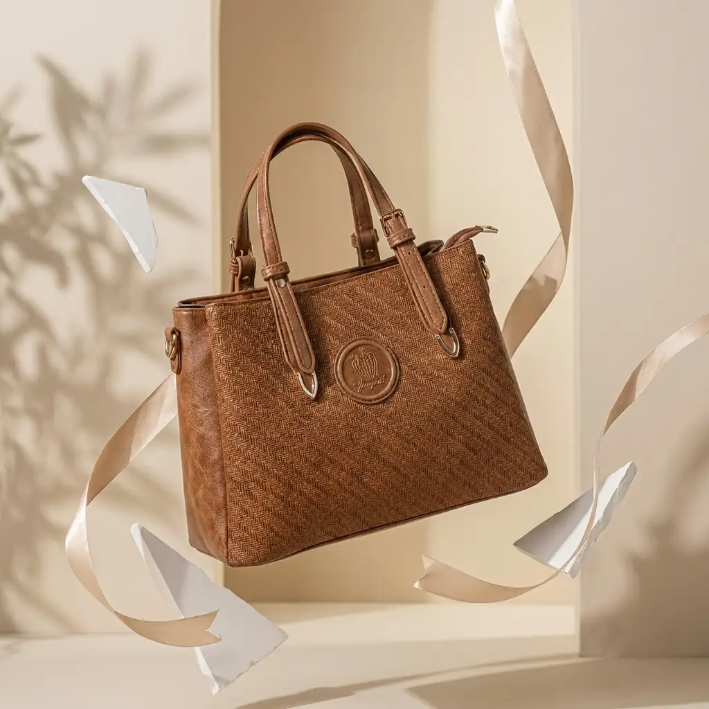 Καφέ γυναικεία τσάντα χειρός με υφή ψάθας και διπλά λουριά