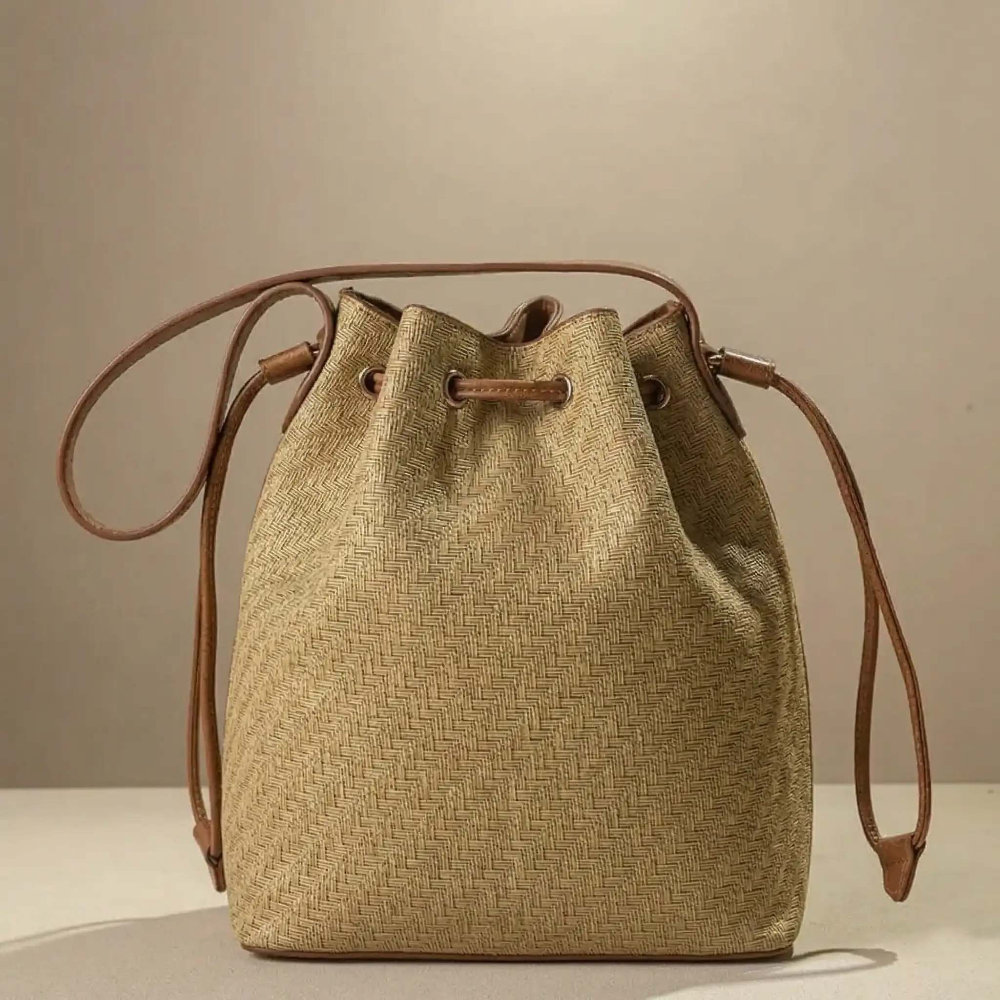 Γυναικεία τσάντα πουγκί Fragola ψάθινη σε μπεζ χρώμα με καφέ λουράκια