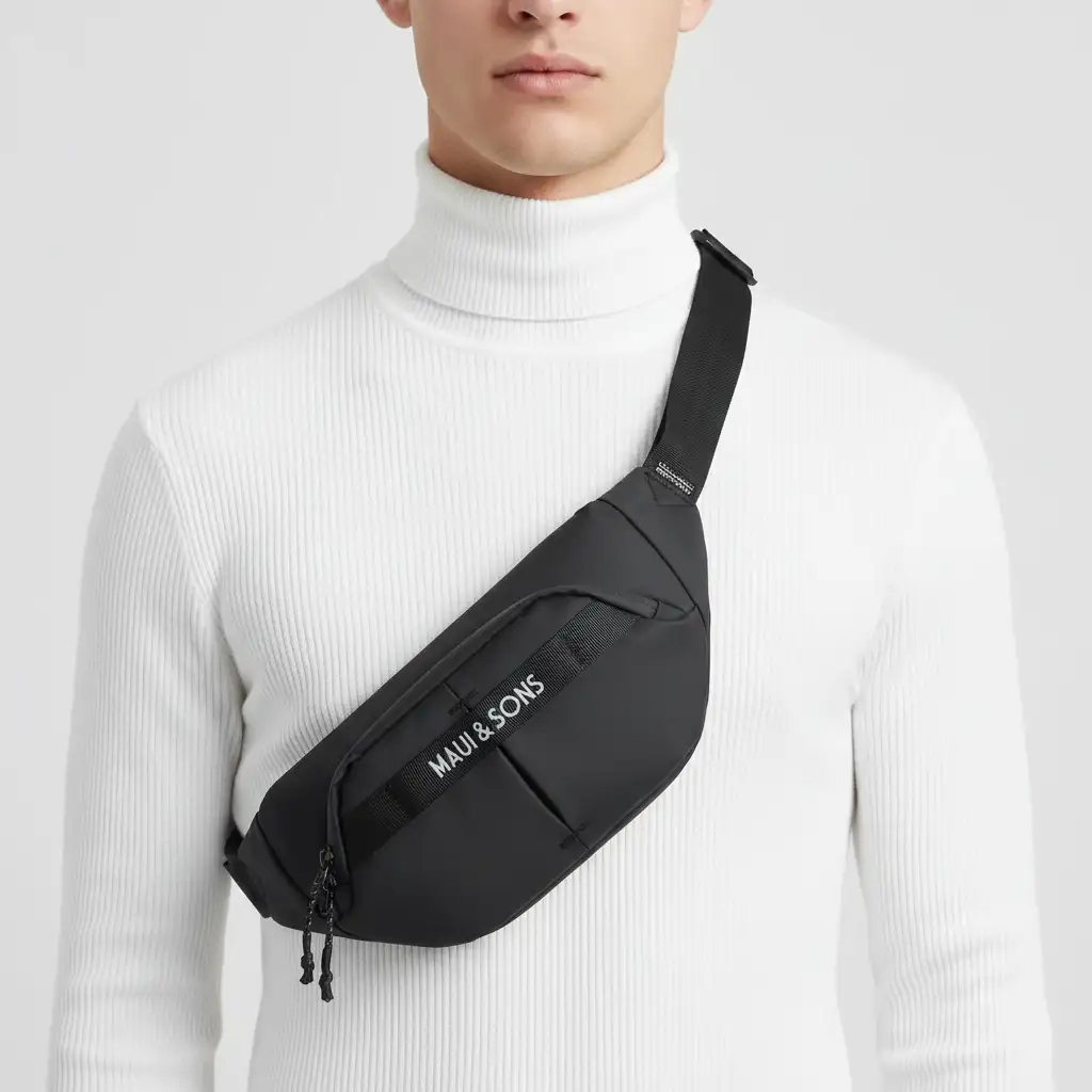 Ανδρική μαύρη τσάντα μέσης Maui & Sons M2768 με αδιάβροχο φερμουάρ.