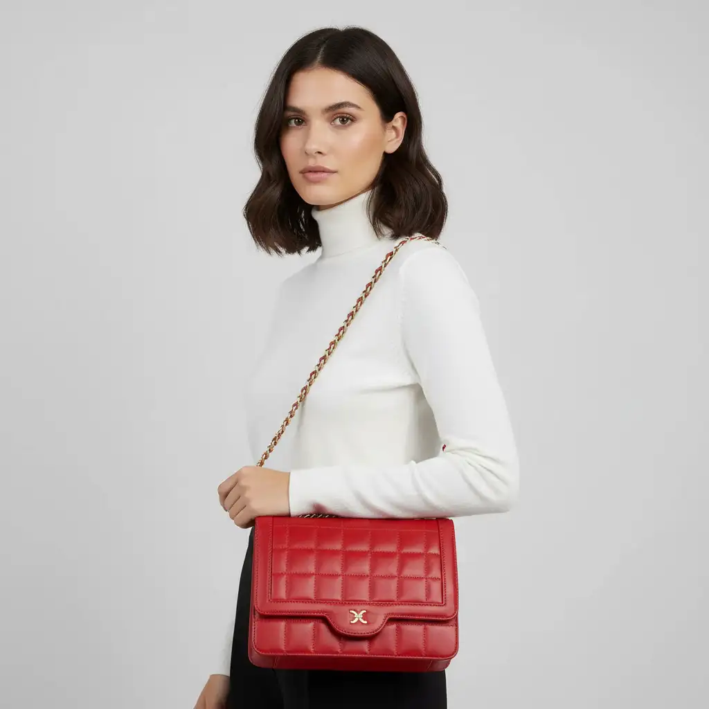 Γυναικεία δερμάτινη τσάντα ώμου κόκκινη με χρυσή αλυσίδα και μαγνητικό κούμπωμα