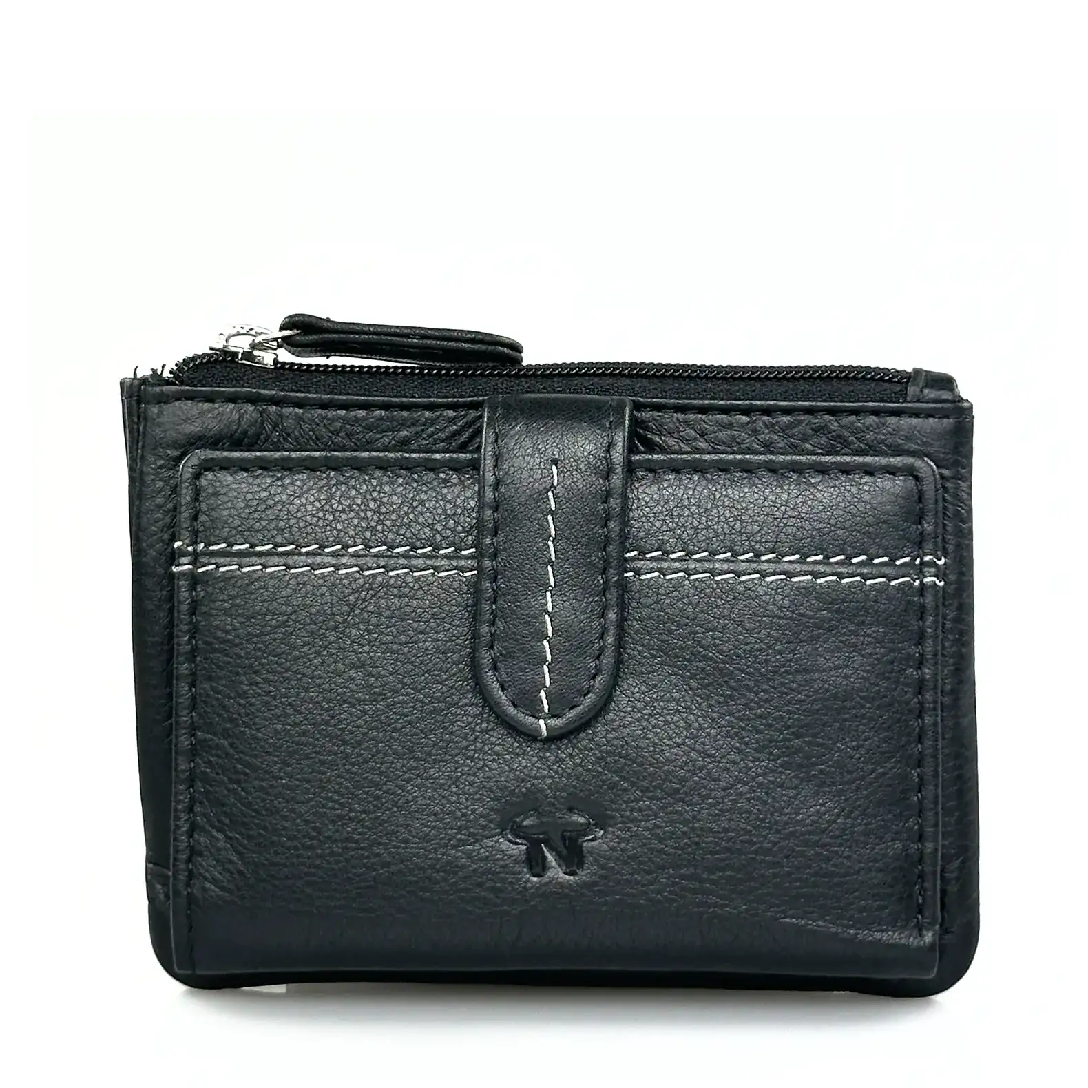Μικρό μαύρο γυναικείο πορτοφόλι Calfnero MY6550 από γνήσιο δέρμα με εξωτερικό φερμουάρ για κέρματα.