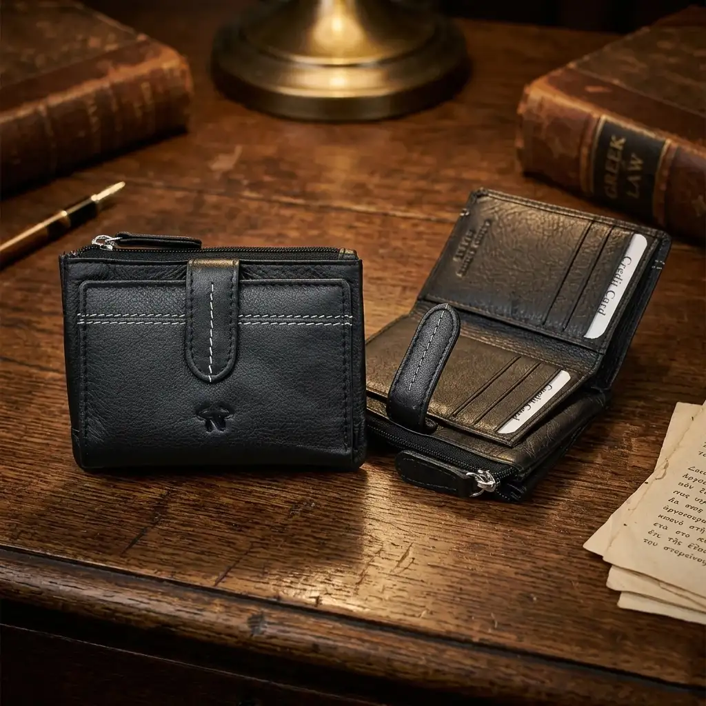 Μικρό μαύρο γυναικείο πορτοφόλι Calfnero MY6550 από γνήσιο δέρμα με εξωτερικό φερμουάρ για κέρματα.