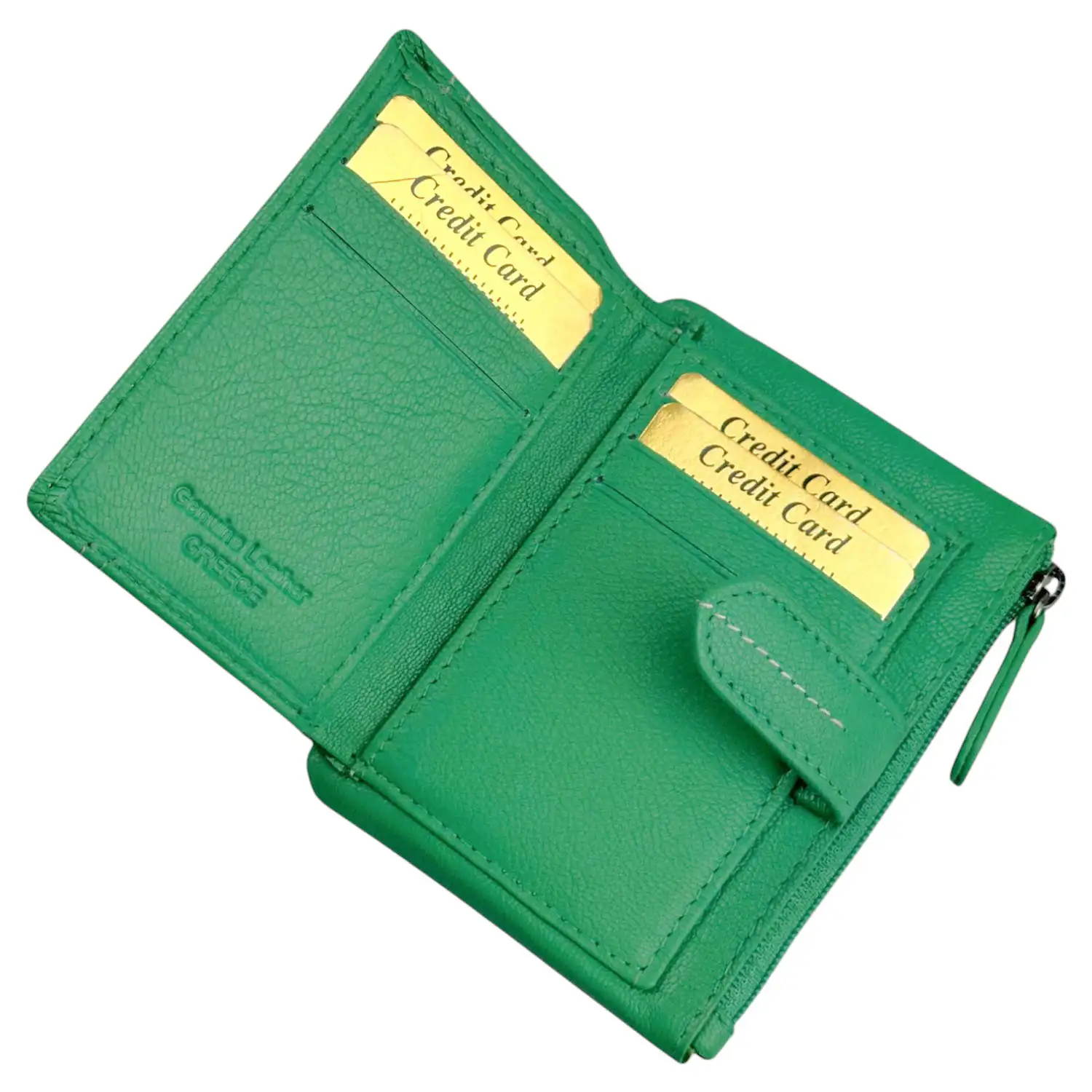 Μικρό γυναικείο πορτοφόλι Calfnero MY6550 σε πράσινο ανοιχτό χρώμα από γνήσιο δέρμα με εξωτερική θήκη.