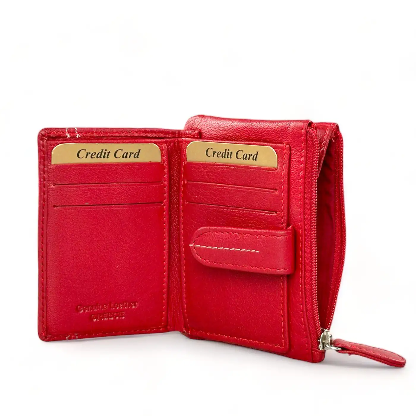 Μικρό κόκκινο γυναικείο πορτοφόλι Calfnero MY6550 από γνήσιο δέρμα με εξωτερική θήκη για κέρματα.