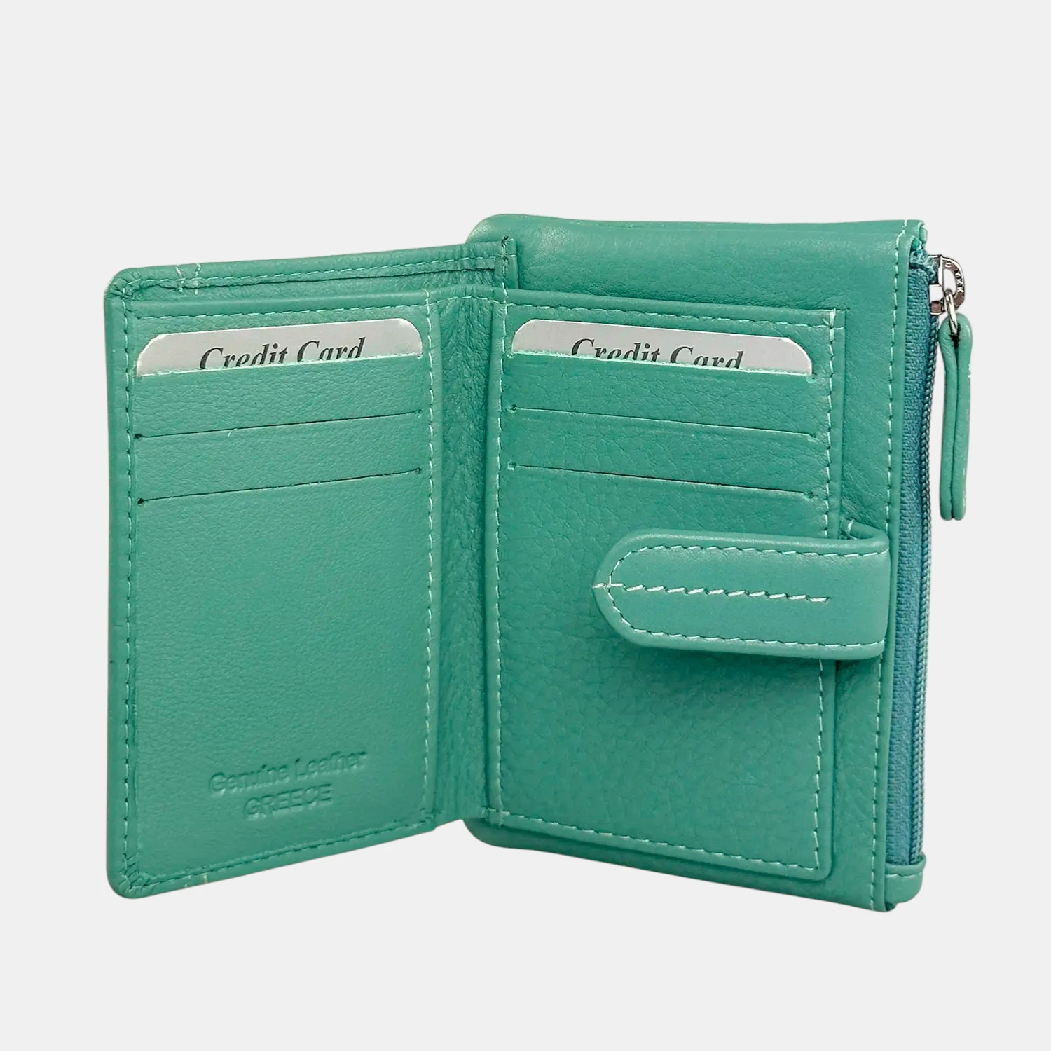 Μικρό γυναικείο πορτοφόλι Calfnero MY6550 σε χρώμα μέντα από γνήσιο δέρμα με εξωτερικό φερμουάρ.