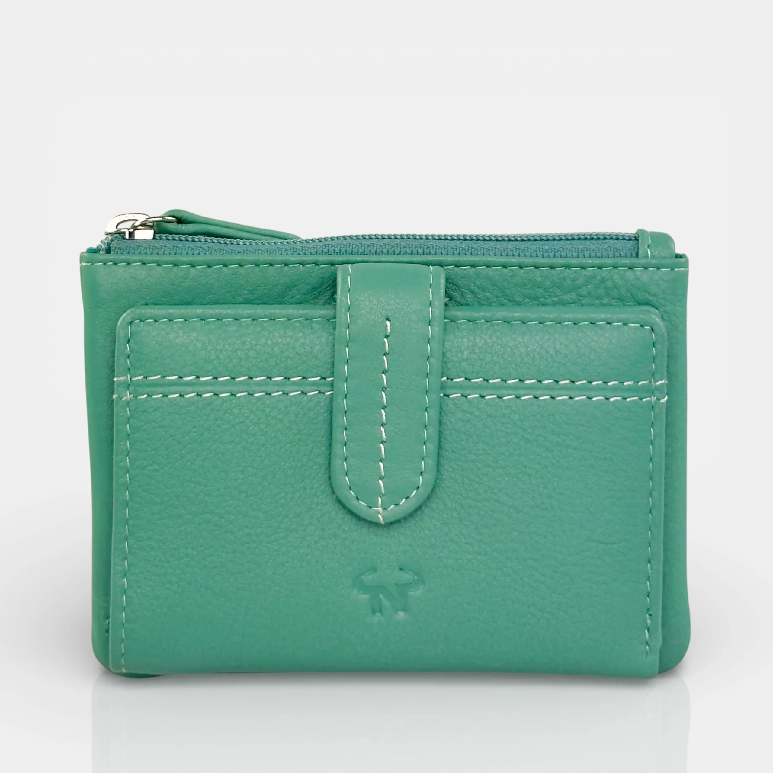 Μικρό γυναικείο πορτοφόλι Calfnero MY6550 σε χρώμα μέντα από γνήσιο δέρμα με εξωτερικό φερμουάρ.