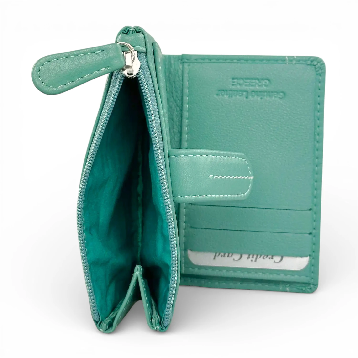 Μικρό γυναικείο πορτοφόλι Calfnero MY6550 σε χρώμα μέντα από γνήσιο δέρμα με εξωτερικό φερμουάρ.