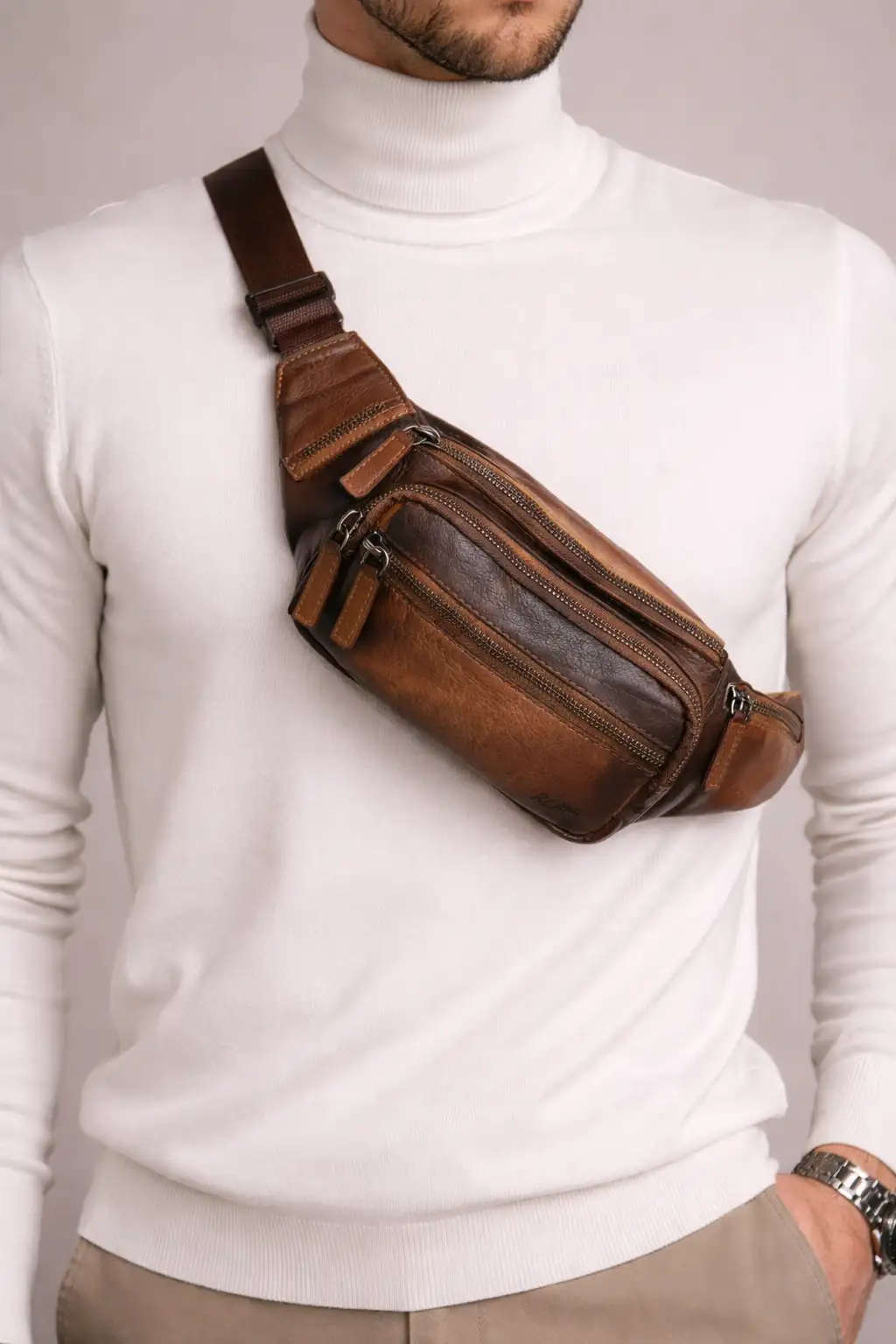 Δερμάτινο τσαντάκι μέσης RCM ταμπά από μαλακό δέρμα με πολλές θήκες