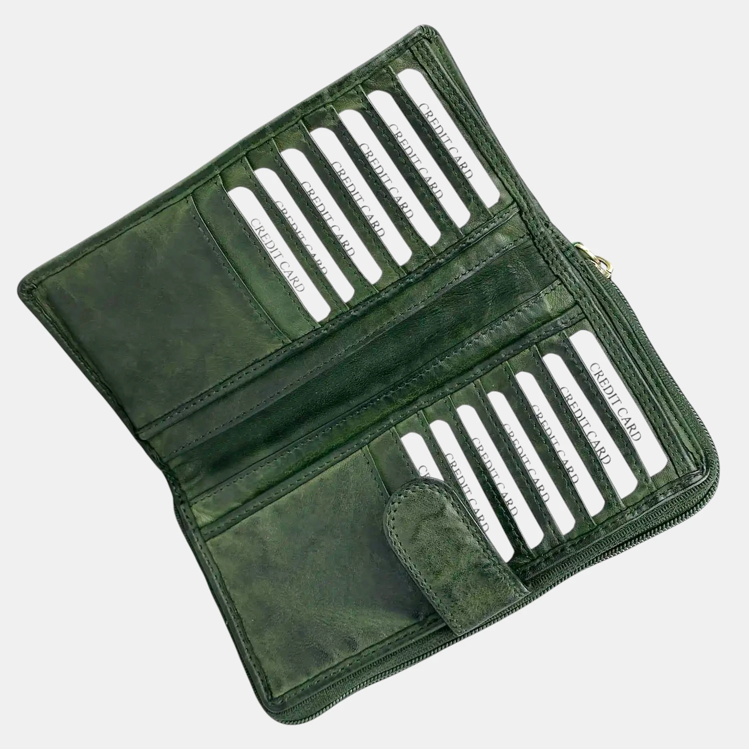 Δερμάτινο γυναικείο πορτοφόλι RCM πράσινο από μαλακό δέρμα με πολλές θήκες καρτών
