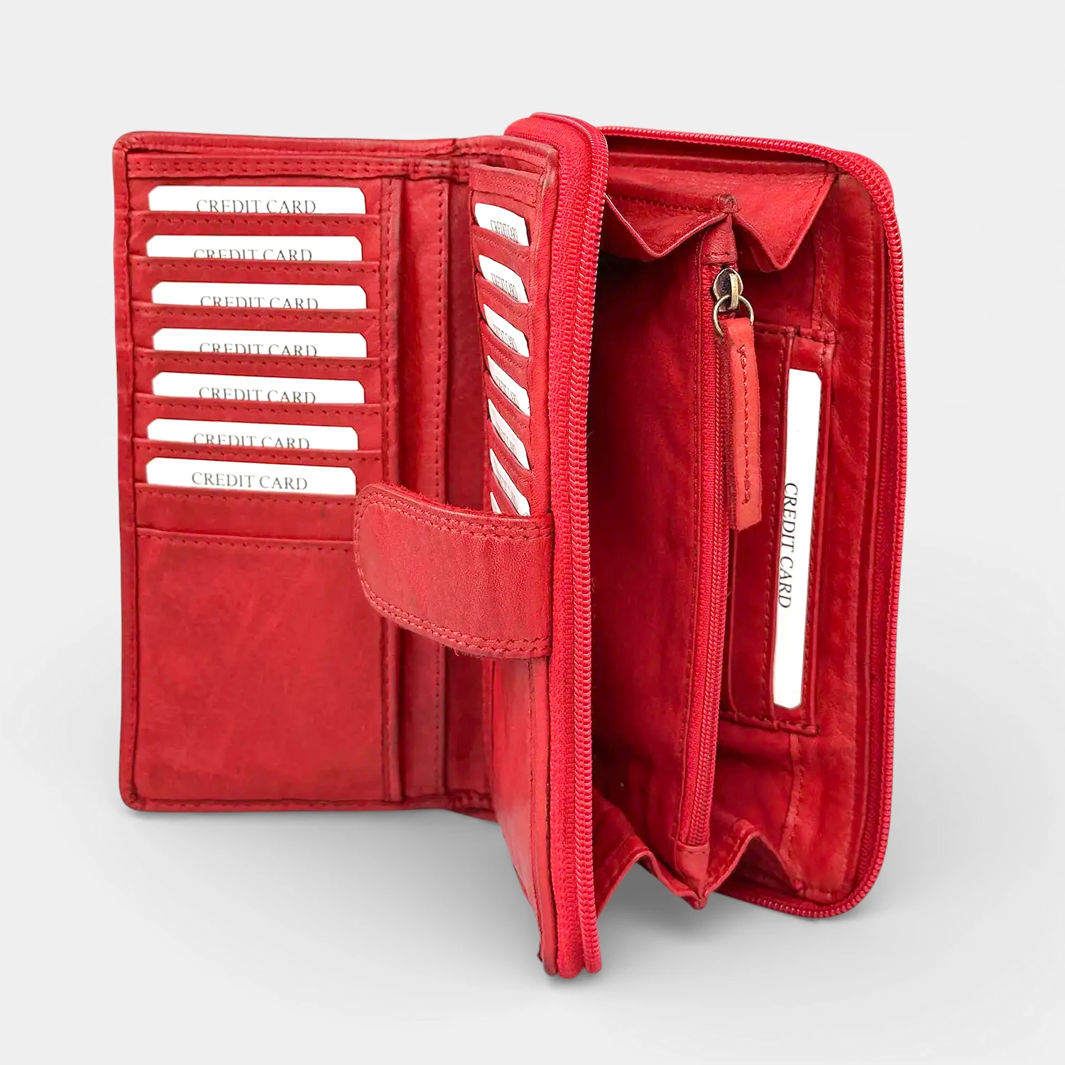 Δερμάτινο γυναικείο πορτοφόλι RCM κόκκινο από μαλακό δέρμα με πολλές θήκες καρτών