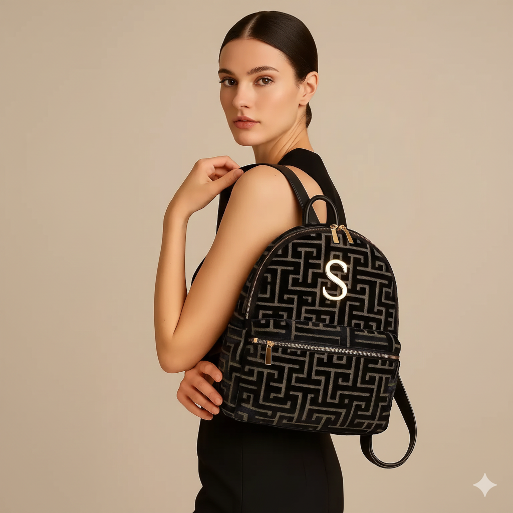 χειροποίητη τσάντα Sorena Andro Backpack velvet σε μαύρο με signature κόκκινη επένδυση