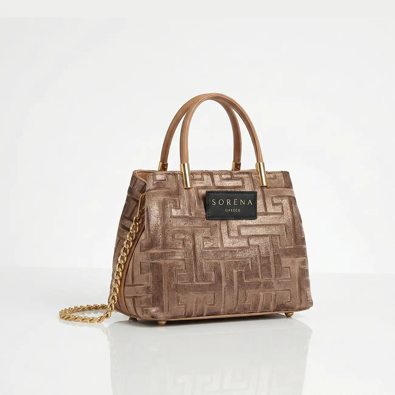 χειροποίητη τσάντα Sorena Galleria Calisti με red velvet επένδυση και αλυσίδα χιαστί