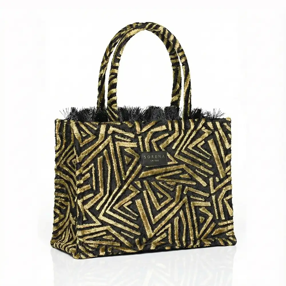 γυναικεία χειροποίητη τσάντα Sorena Sylvana μαύρο καμηλό με υφαντή υφή και ιμάντα SORENA