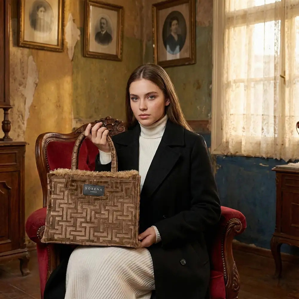 χειροποίητη τσάντα Sorena Calisti Medium με velvet εσωτερικό και ιμάντα SORENA