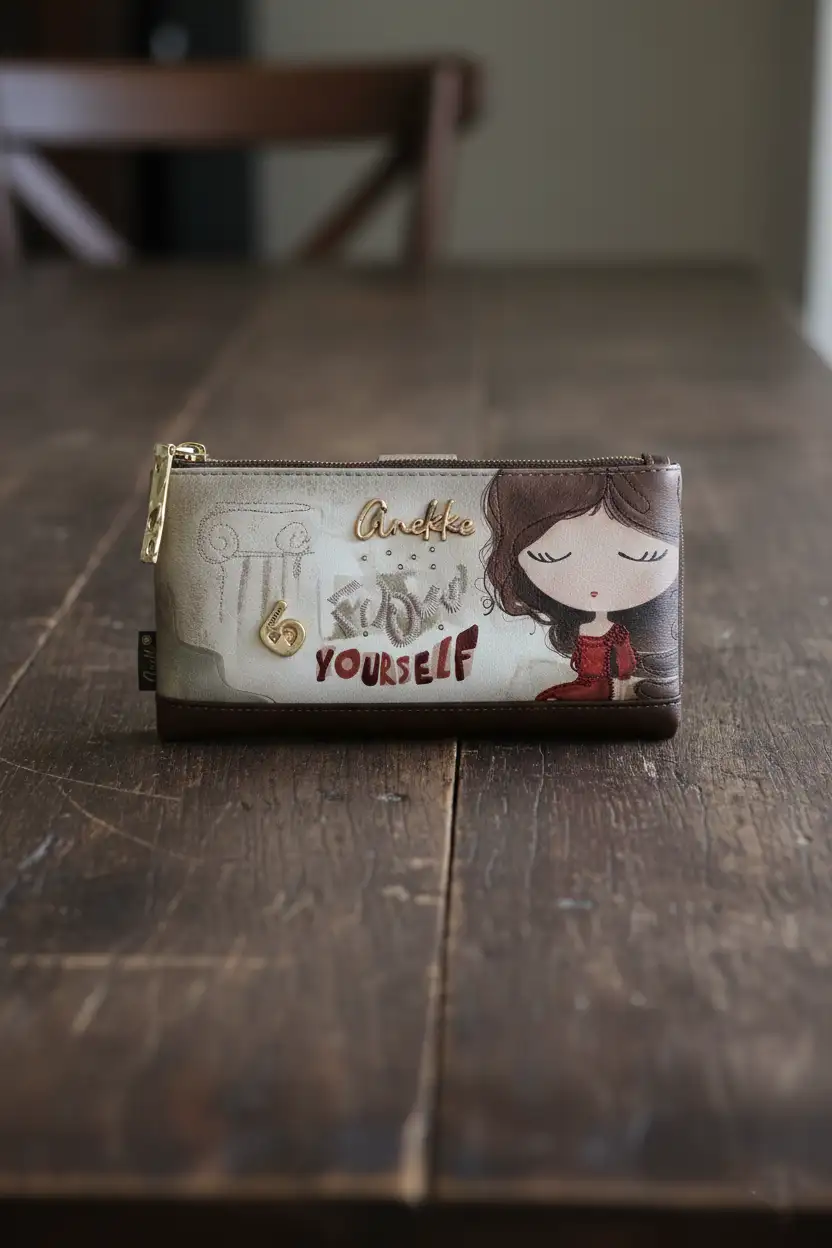 Γυναικείο μακρόστενο πορτοφόλι Anekke με φερμουάρ και ανάγλυφες λεπτομέρειες, σε ξύλινη επιφάνεια