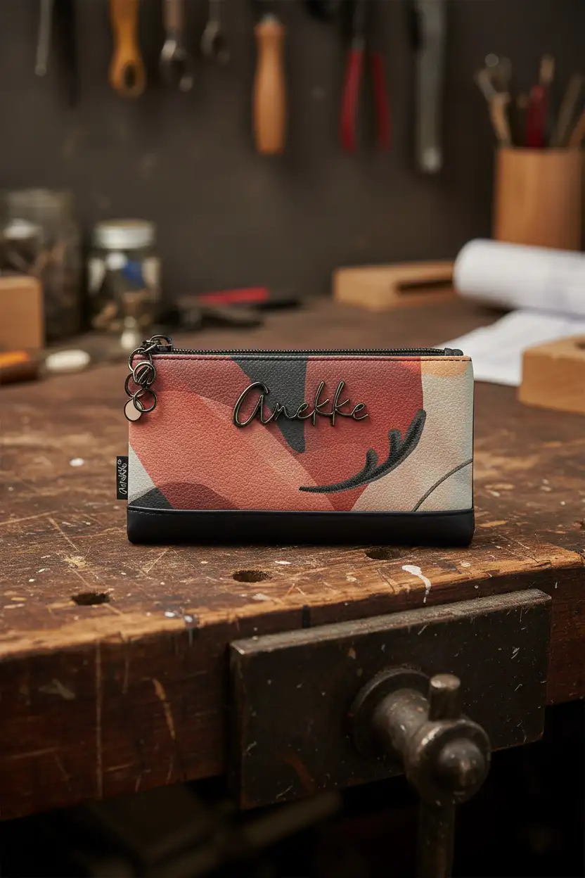 Γυναικείο πορτοφόλι-θήκη Anekke με φερμουάρ και minimal καλλιτεχνικό σχέδιο, σε πάγκο εργαστηρίου