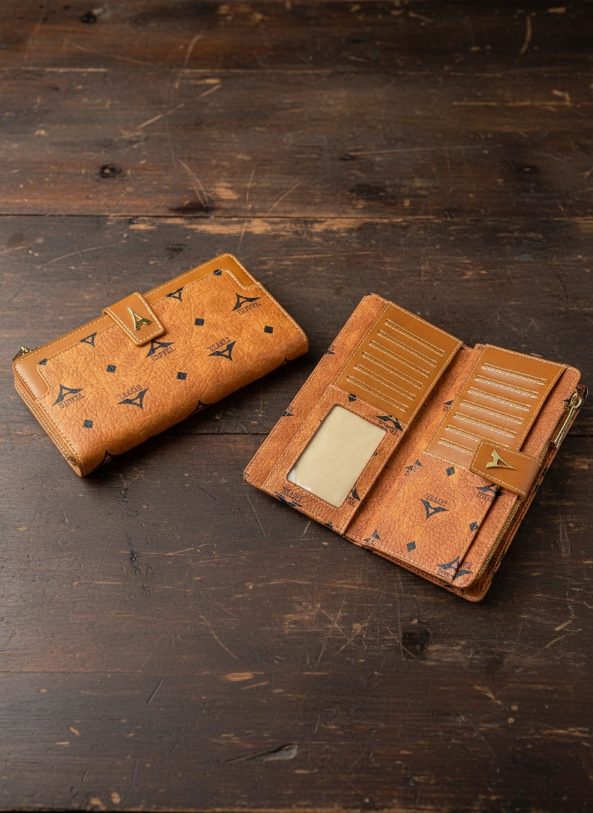 Γυναικείο πορτοφόλι La Tour Eiffel σε ταμπά απόχρωση με all over μοτίβο και εσωτερικές θήκες καρτών