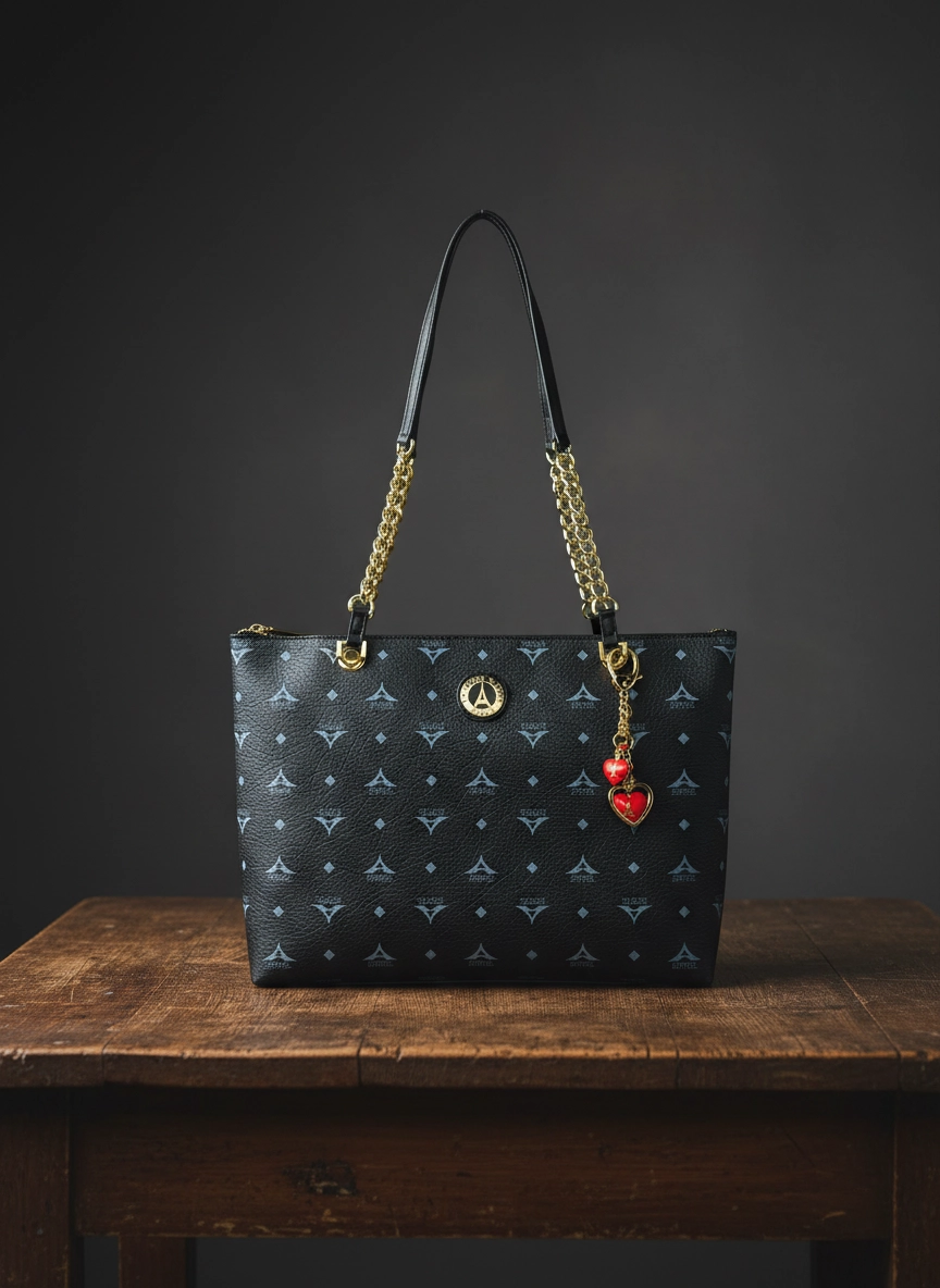 Μαύρη γυναικεία τσάντα ώμου La Tour Eiffel με χρυσή αλυσίδα και charm κόκκινη καρδιά