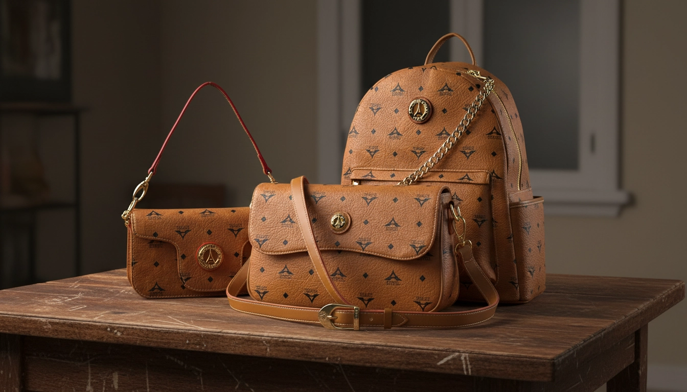 Γυναικείες τσάντες σε καφέ ταμπά απόχρωση με all over μοτίβο, backpack, shoulder bag και τσαντάκι ώμου πάνω σε ξύλινο τραπέζι