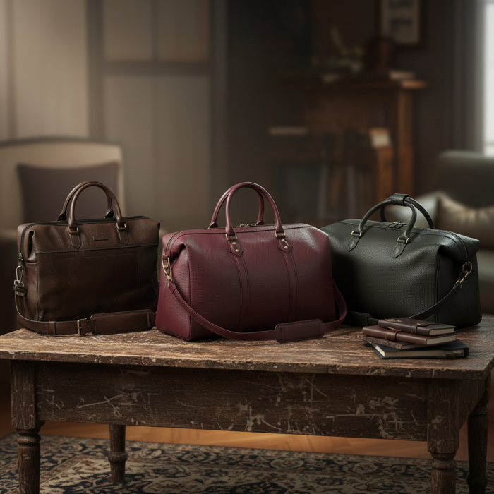 Τρεις πολυτελείς δερμάτινες τσάντες σε καφέ, μπορντό και μαύρο χρώμα, τοποθετημένες πάνω σε ρουστίκ ξύλινο τραπέζι μαζί με δερμάτινα σημειωματάρια, σε ένα αριστοκρατικό σαλόνι.