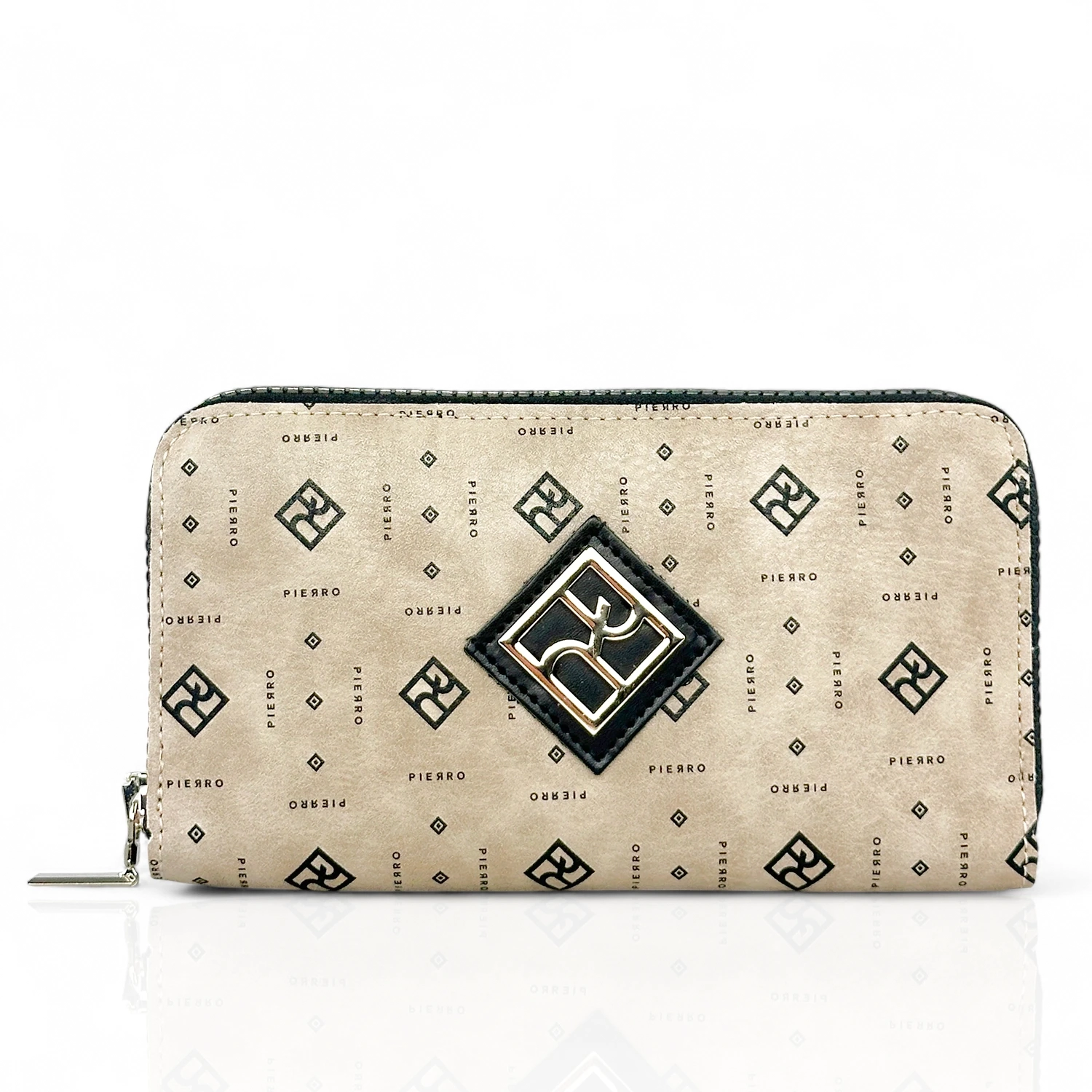Γυναικείο πορτοφόλι Pierro Accessories Monogram σε πούρου χρώμα με περιμετρικό φερμουάρ