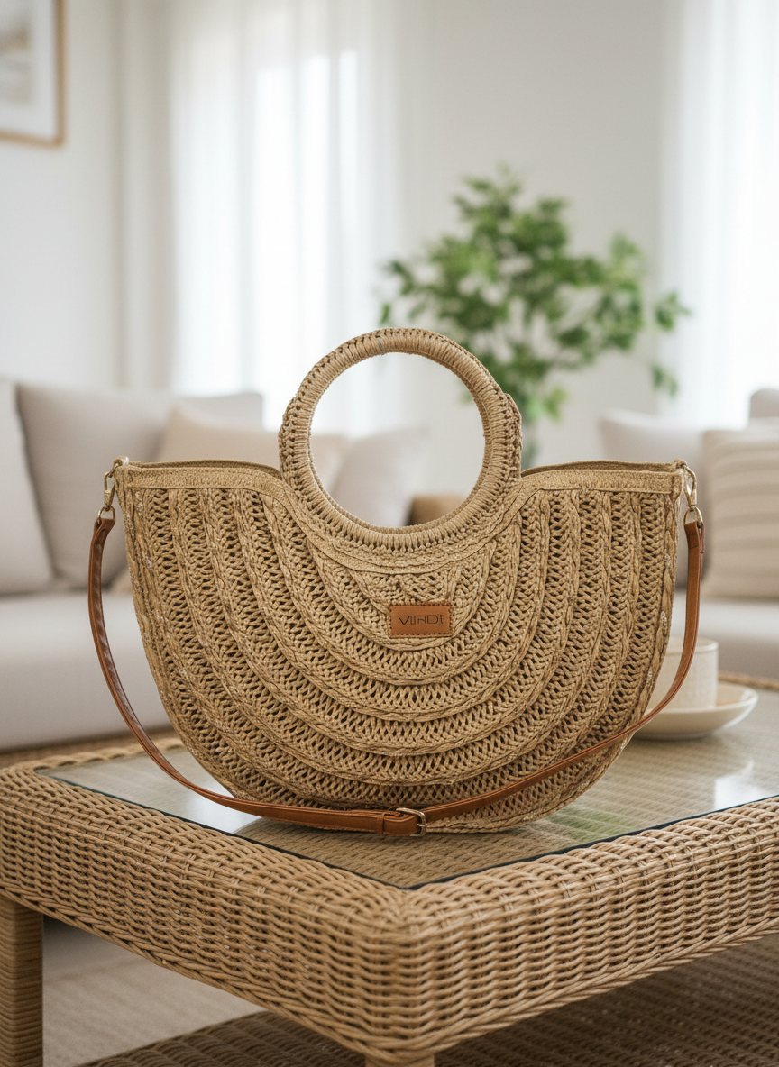 Μπεζ ψάθινη τσάντα χειρός Verde σε σχήμα μισοφέγγαρο, με στρογγυλή λαβή, καφέ δερμάτινο λουράκι ώμου και δερμάτινο λογότυπο, τοποθετημένη σε γυάλινο τραπέζι με ψάθινη βάση.