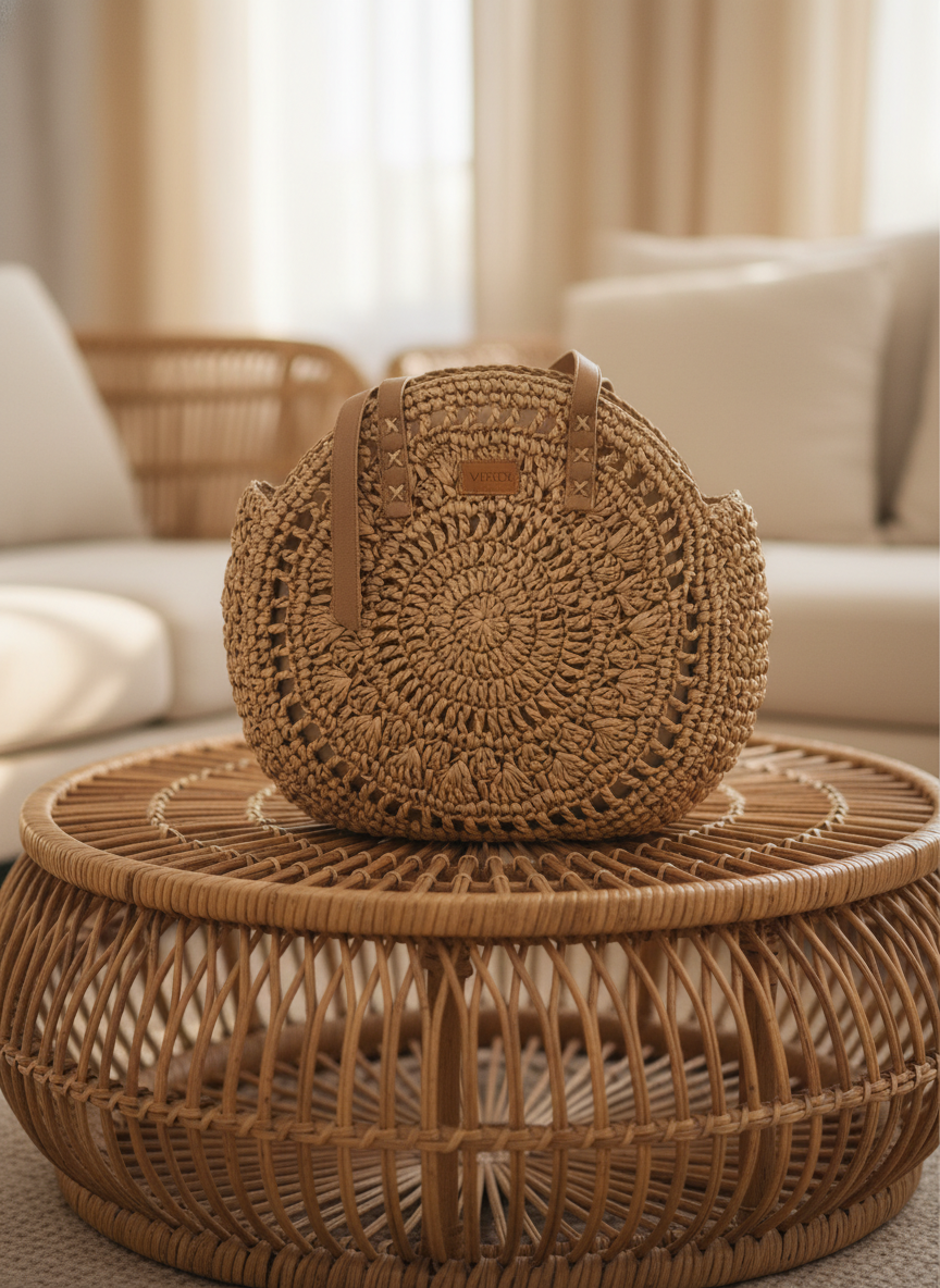 Στρογγυλή πλεκτή ψάθινη τσάντα Verde σε φυσικό μπεζ χρώμα με δερμάτινες λεπτομέρειες, τοποθετημένη πάνω σε στρογγυλό ψάθινο τραπέζι σε φωτεινό σαλόνι.