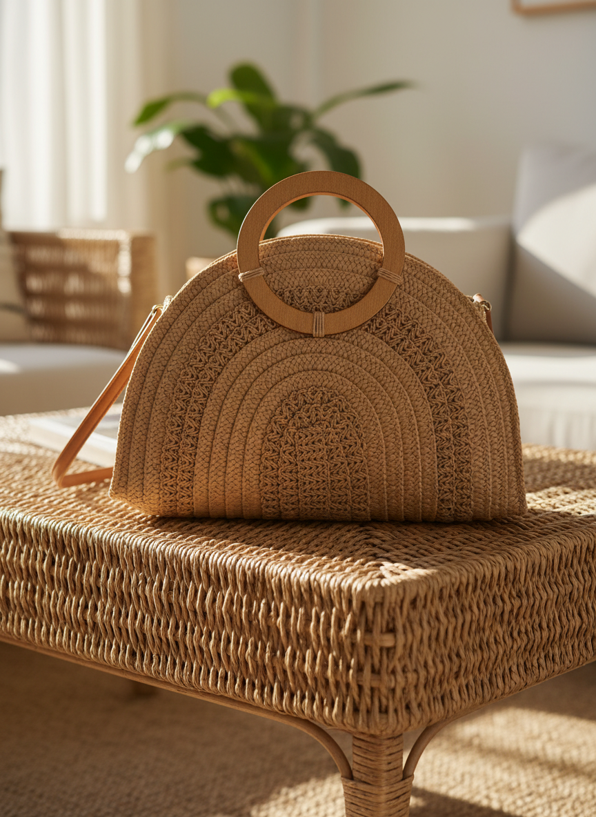 Ημικυκλική ψάθινη τσάντα Verde σε φυσικό μπεζ χρώμα με στρογγυλή ξύλινη λαβή και λεπτό λουράκι ώμου, τοποθετημένη σε ψάθινη επιφάνεια τραπεζιού.