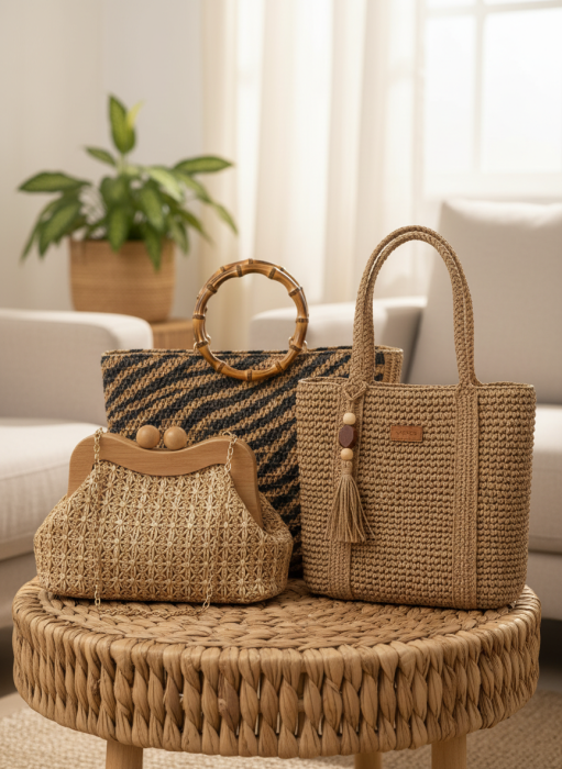 Συλλογή από ψάθινες τσάντες Verde σε μπεζ και καφέ αποχρώσεις επάνω σε ψάθινο σκαμπό.