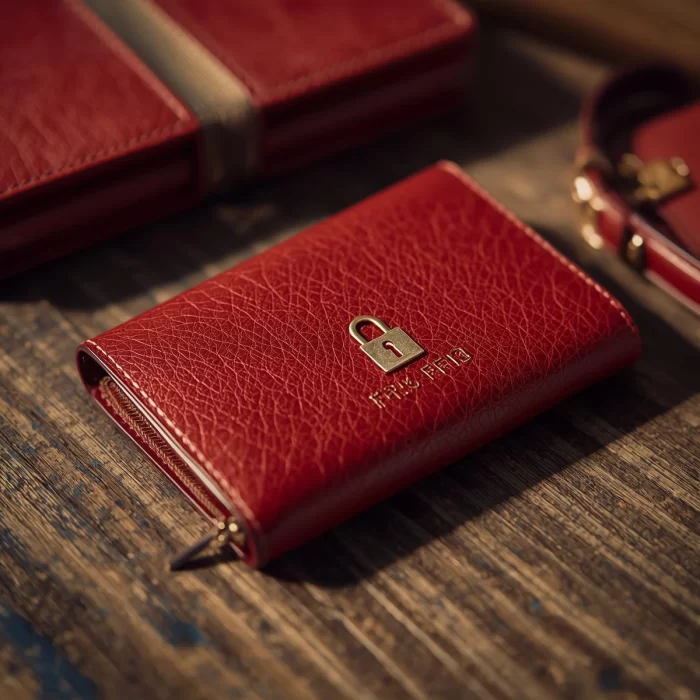 Κόκκινο γυναικείο δερμάτινο πορτοφόλι με ανάγλυφο σύμβολο κλειδαριάς και προστασία RFID για ασφάλεια δεδομένων.