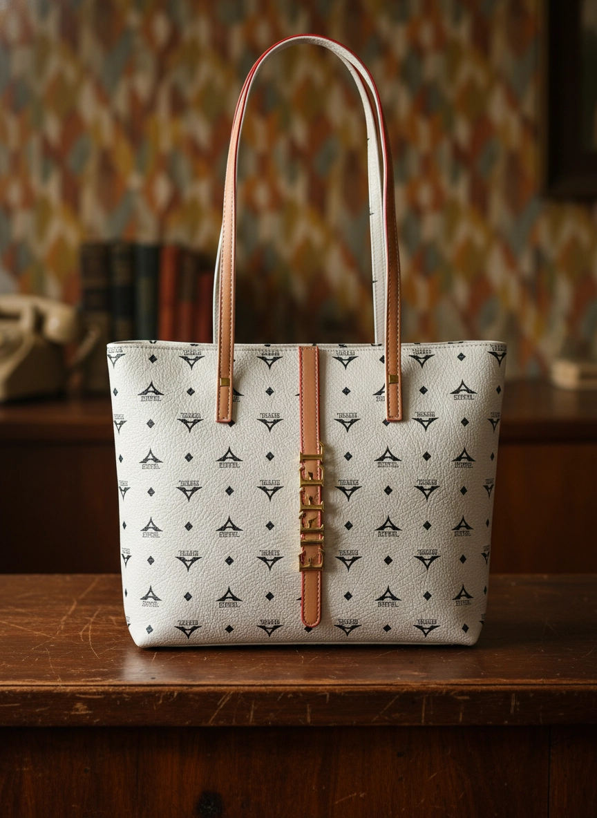 Λευκή tote τσάντα La Tour Eiffel με μαύρο monogram σχέδιο και ταμπά λουριά ώμου