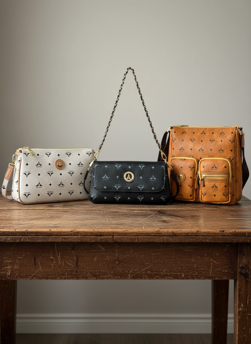 Τρεις γυναικείες τσάντες La Tour Eiffel σε λευκό, μαύρο και ταμπα με monogram σχέδιο