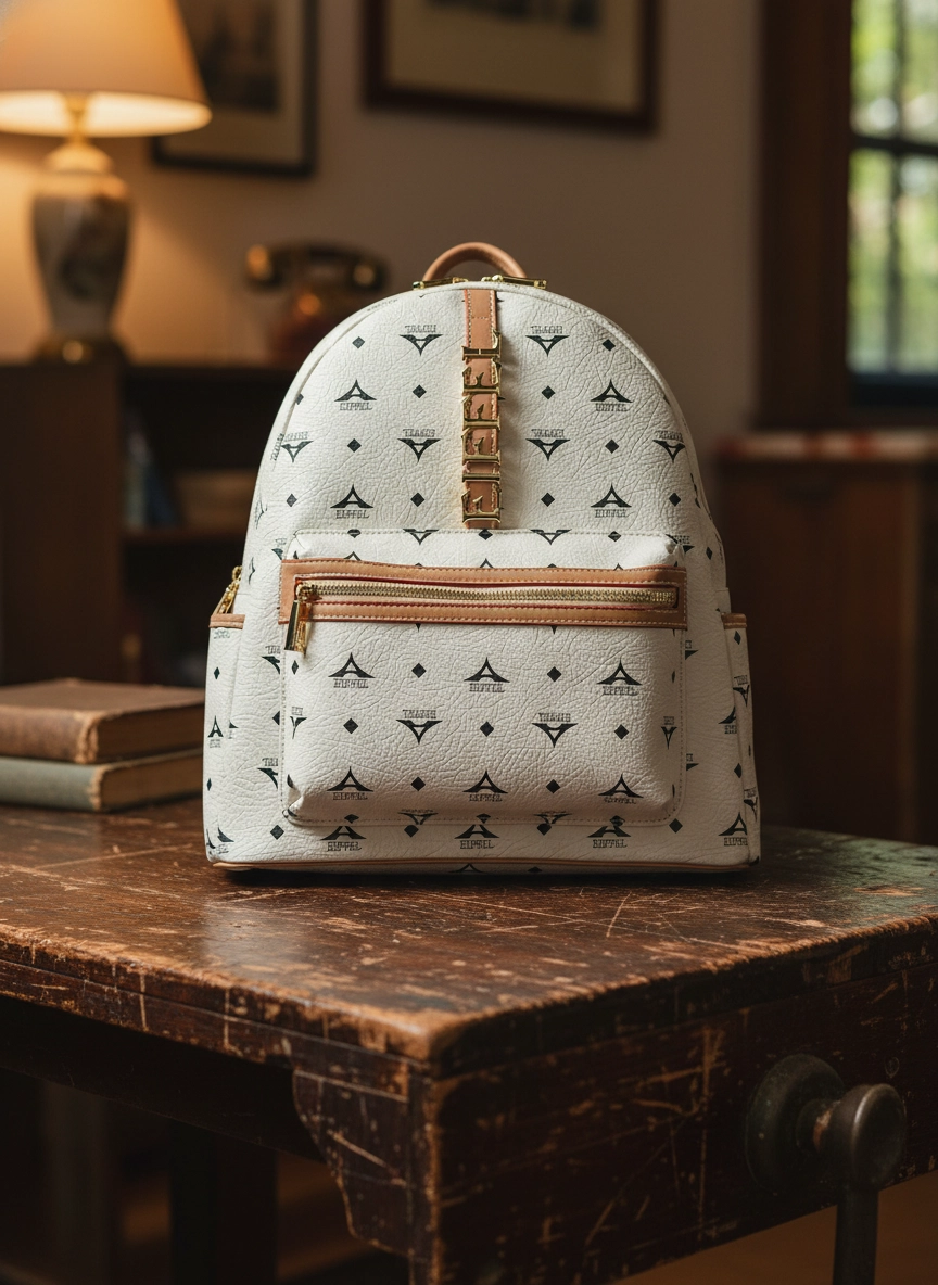 Λευκό σακίδιο πλάτης La Tour Eiffel με μαύρο monogram σχέδιο και ταμπά λεπτομέρειες