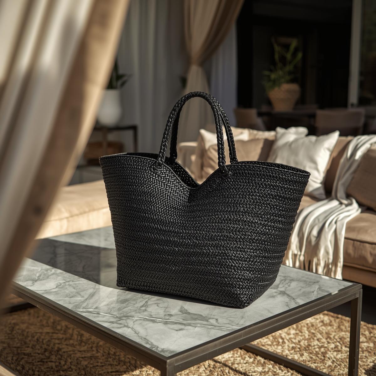Μαύρη ψάθινη τσάντα θαλάσσης μεγάλου μεγέθους με διπλά χερούλια