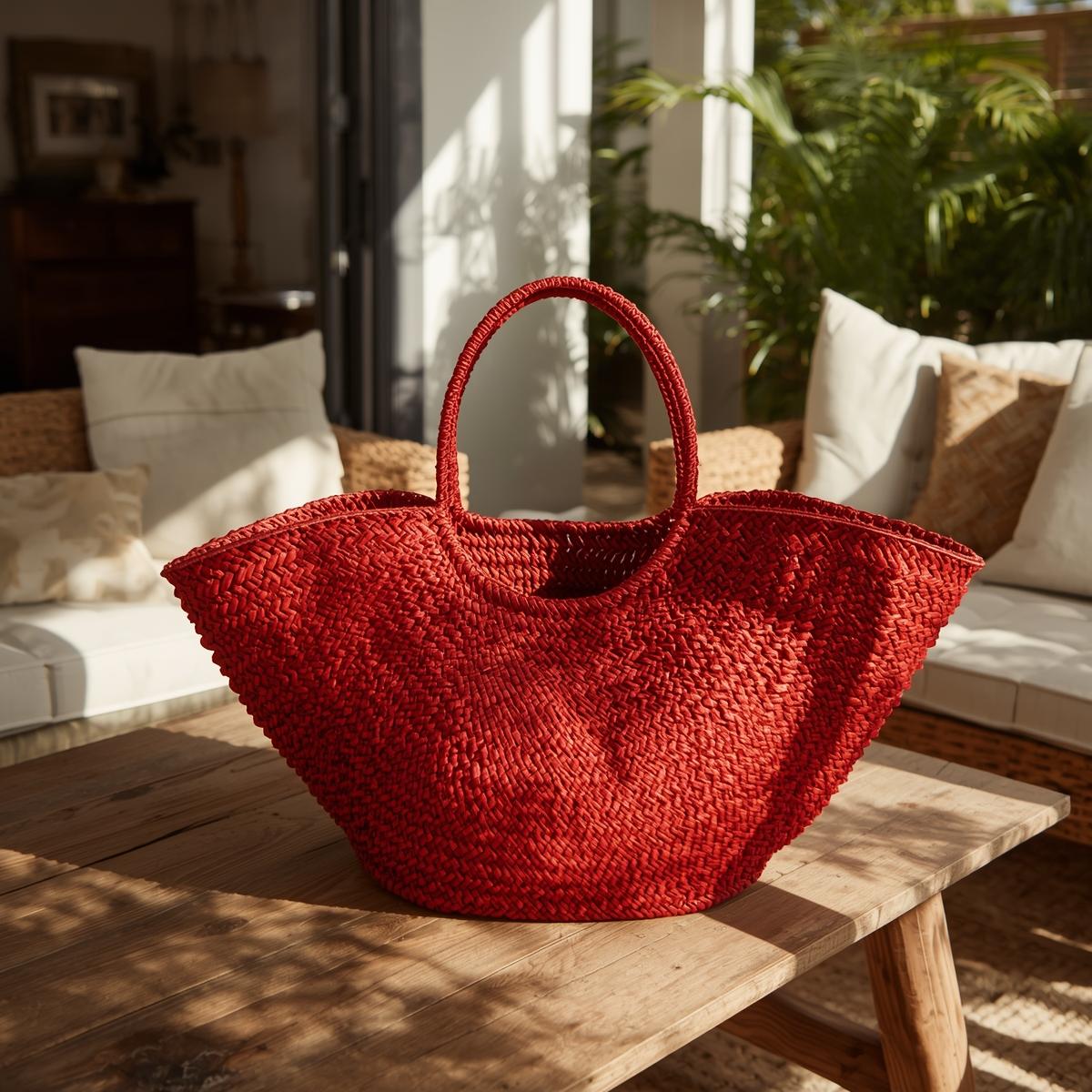 Κόκκινη ψάθινη τσάντα θαλάσσης μεγάλου μεγέθους με στρογγυλά χερούλια