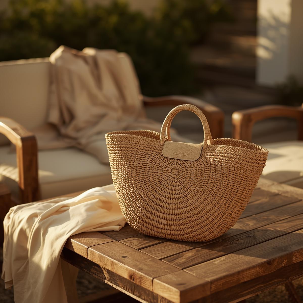 Γυναικεία ψάθινη τσάντα θαλάσσης σε φυσικό μπεζ χρώμα με στρογγυλή πλέξη