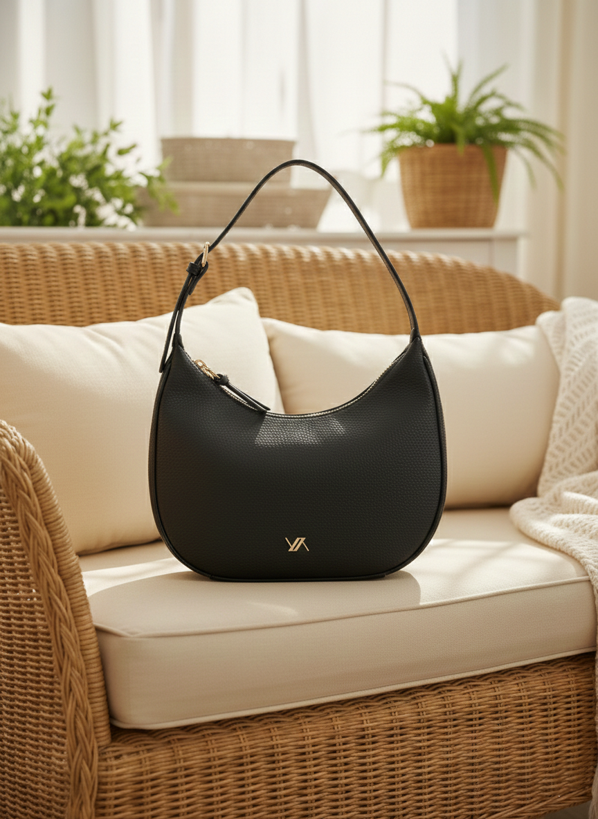 Μαύρη τσάντα ώμου Verde σε σχήμα μισοφέγγαρο (half-moon bag) με χρυσό λογότυπο