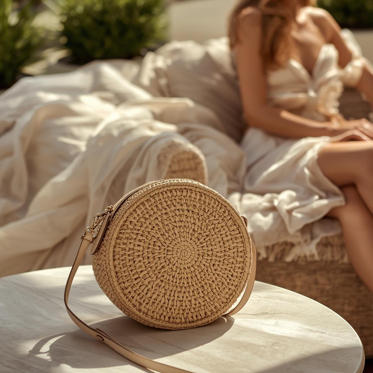 Γυναικεία στρογγυλή ψάθινη τσάντα ώμου σε φυσικό μπεζ χρώμα με λεπτό λουράκι