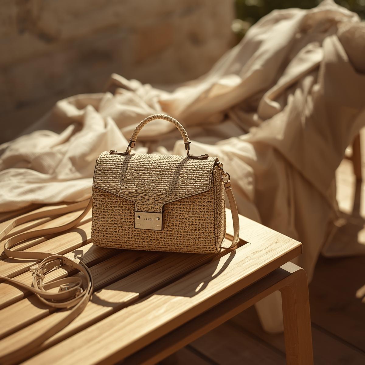 Γυναικεία ψάθινη τσάντα χειρός και ώμου σε μπεζ απόχρωση με καπάκι και μεταλλικό κούμπωμα