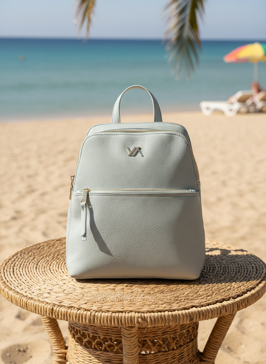 Γυναικείο σακίδιο πλάτης (backpack) Verde σε ανοιχτό γαλάζιο/μέντα χρώμα με ανάγλυφη υφή και χρυσές λεπτομέρειες