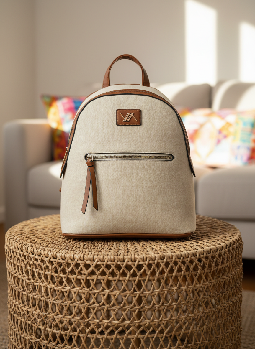 Γυναικείο σακίδιο πλάτης (backpack) Verde από μπεζ καμβά με καφέ δερμάτινες λεπτομέρειες