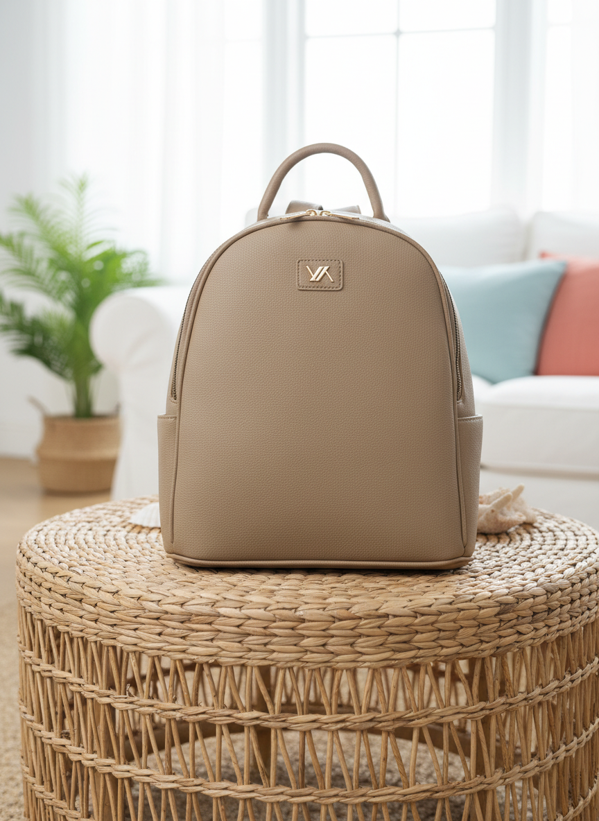 Γυναικείο σακίδιο πλάτης (backpack) Verde σε taupe/μπεζ-καφέ χρώμα με σαγρέ υφή και χρυσό λογότυπο