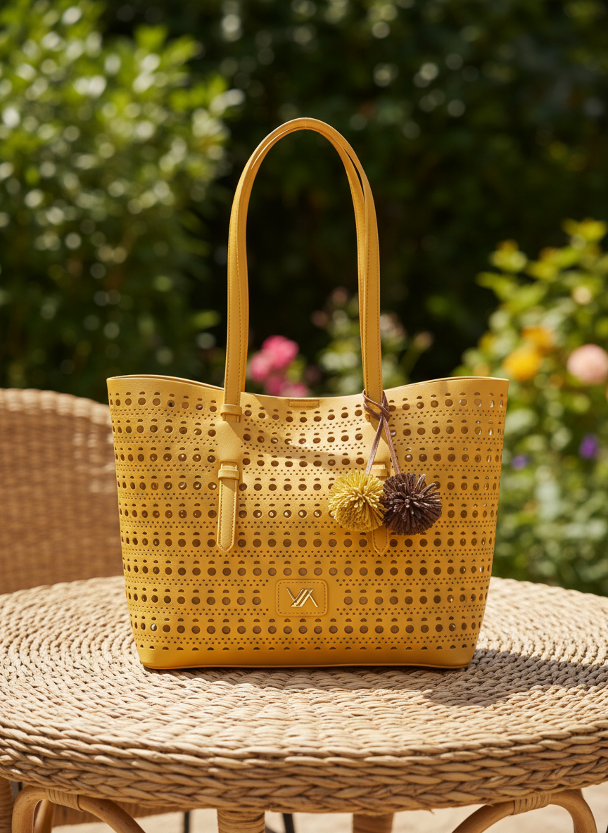 Verde Κίτρινη τσάντα ώμου (tote bag) με διάτρητο γεωμετρικό σχέδιο και διακοσμητικά pom-poms