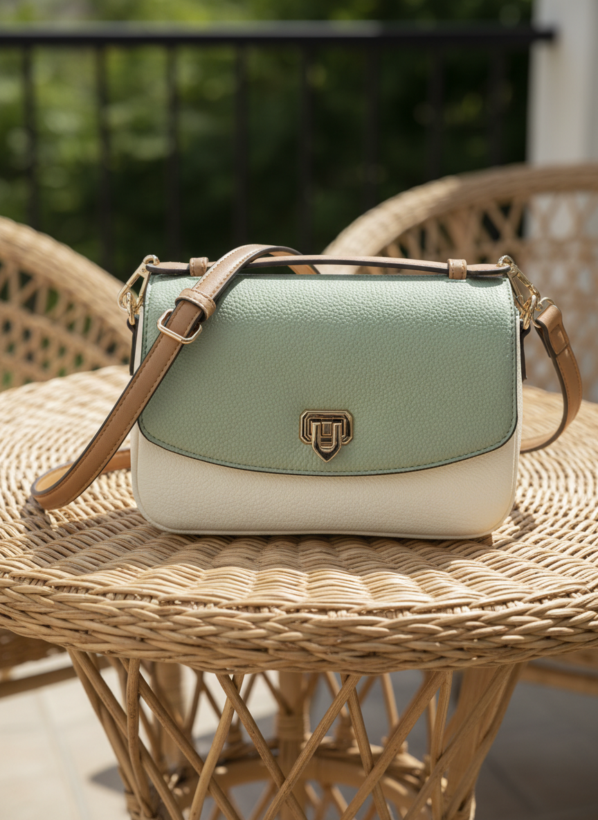 Ολοκληρώνουμε τη σειρά με μια υπέροχη, δίχρωμη τσάντα που αποπνέει φινέτσα και ηρεμία. Αυτή η Verde χιαστί είναι η ιδανική επιλογή για "all-day" εμφανίσεις με σοφιστικέ στυλ. Ορίστε οι λεπτομέρειες για την τελευταία φωτογραφία: ✅ Alt Text (Ελληνικά) Δίχρωμη γυναικεία τσάντα χιαστί Verde σε φυστικί και κρεμ απόχρωση, με καφέ δερμάτινο λουράκι και χρυσό κούμπωμα