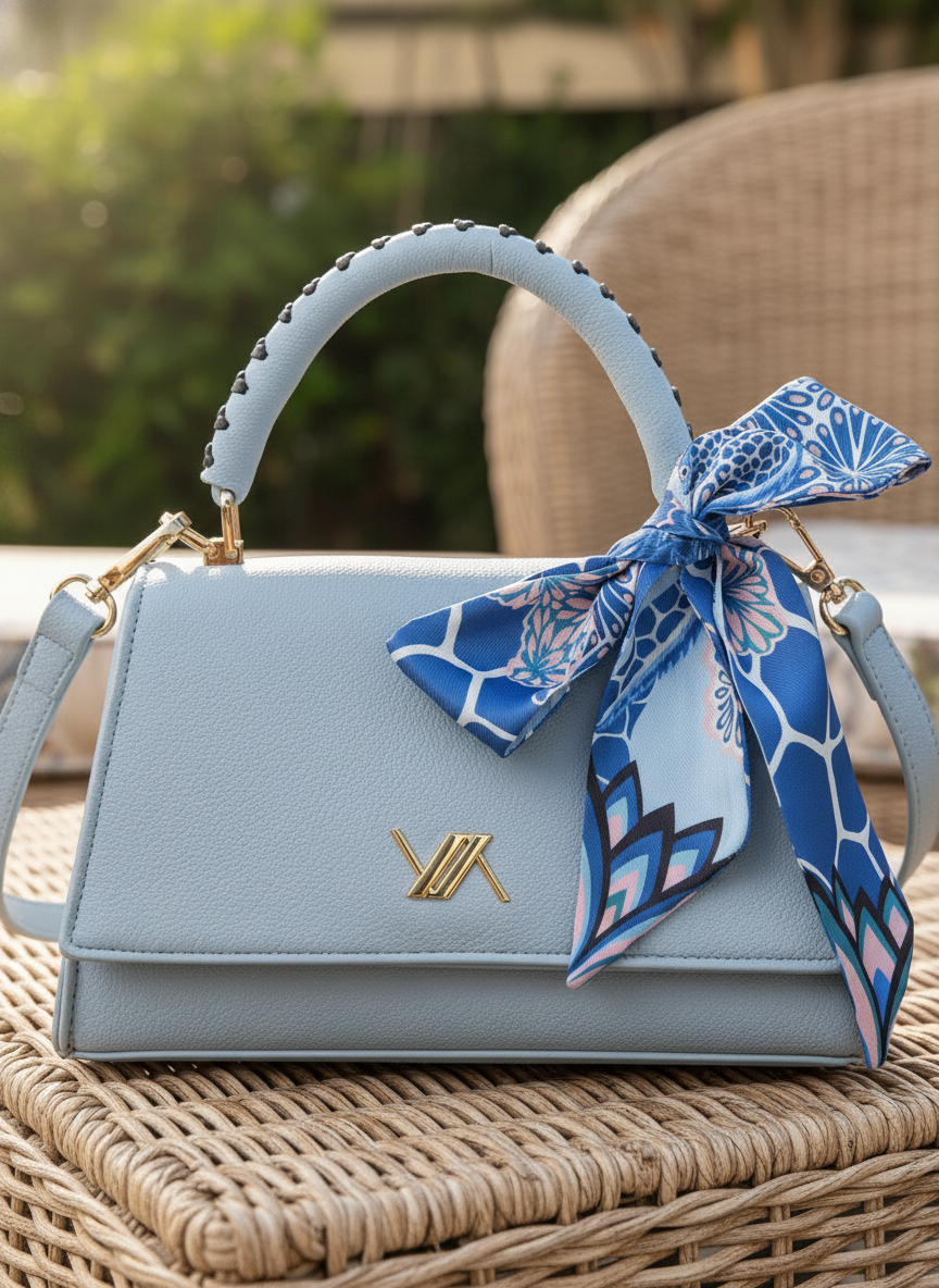 Γαλάζια γυναικεία τσάντα χειρός Verde με χρυσό λογότυπο, λουράκι ώμου και διακοσμητικό μπλε μεταξωτό μαντήλι στη λαβή