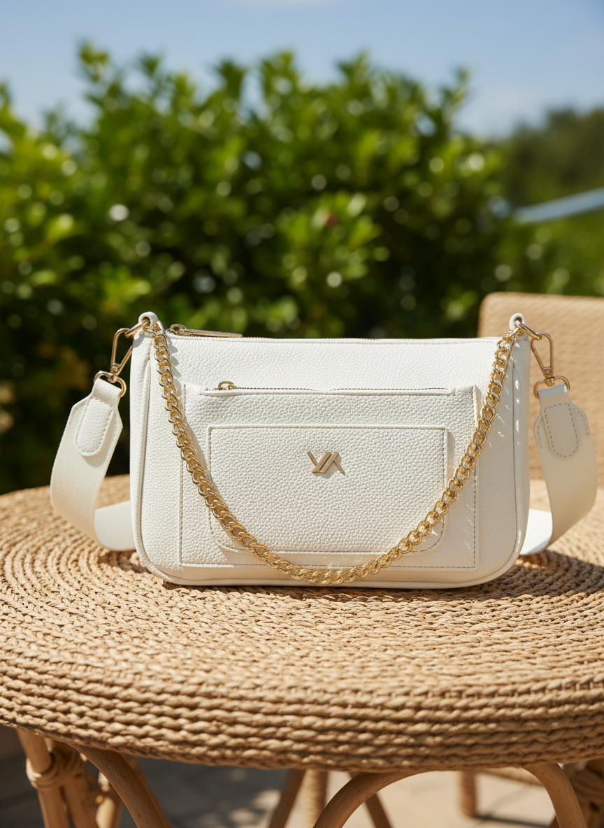 Λευκή γυναικεία τσάντα χιαστί Verde με ανάγλυφη υφή, χρυσή διακοσμητική αλυσίδα και χρυσό λογότυπο