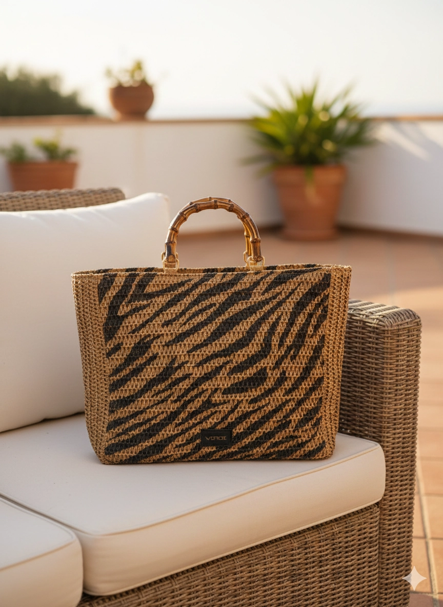 Ψάθινη τσάντα θαλάσσης Verde με zebra print σε καφέ και μαύρο και bamboo χερούλι.
