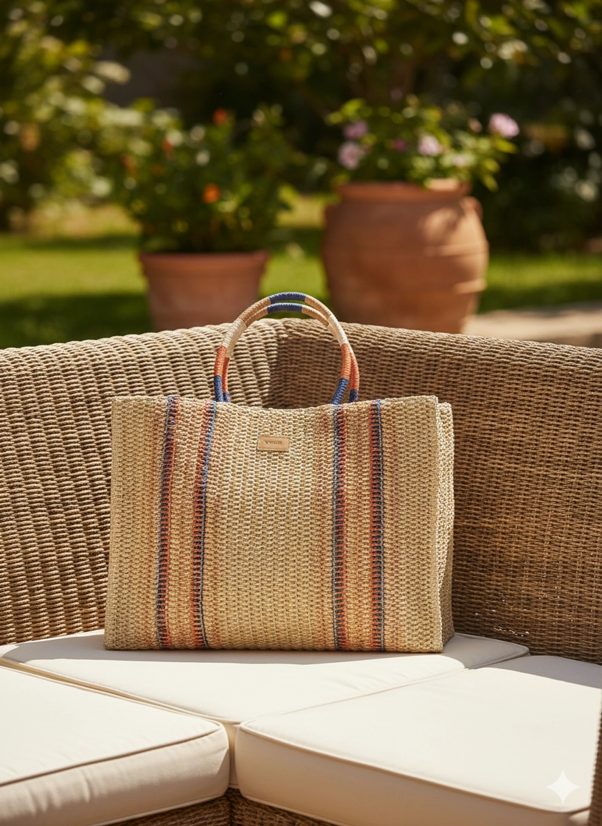 Ψάθινη τσάντα θαλάσσης Verde σε φυσική απόχρωση με κάθετες ρίγες και πολύχρωμα υφασμάτινα χερούλια.