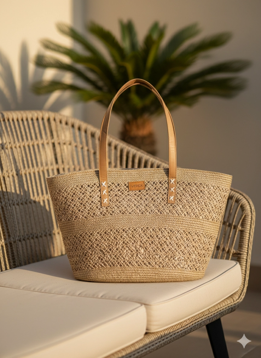 Ψάθινη διάτρητη τσάντα ώμου Verde σε φυσική μπεζ απόχρωση με καφέ δερμάτινα λουριά.